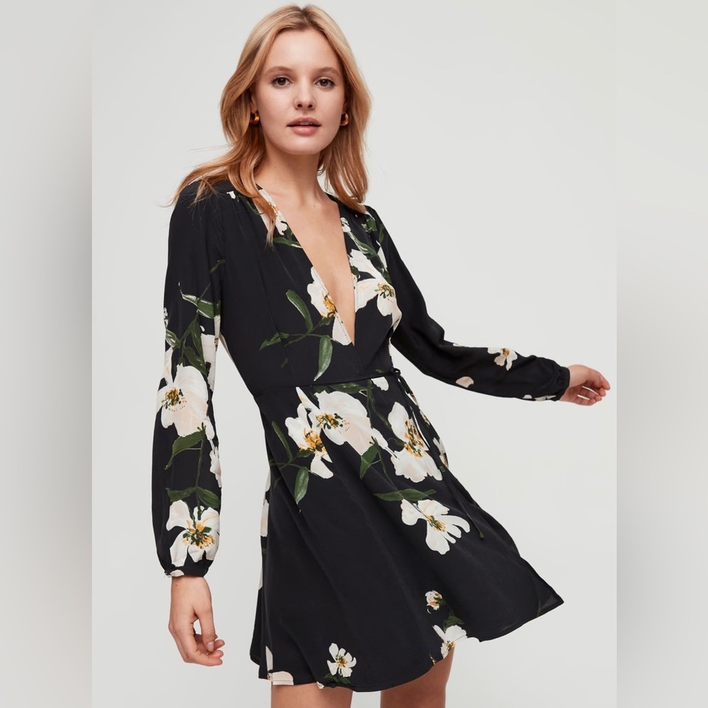Aritzia Wilfred Diane Silk Floral Wrap Dress In Black/Oak